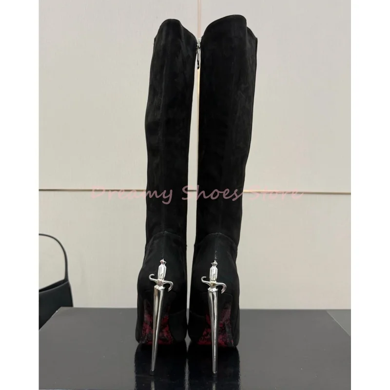 Black Suede Metal Heel Knee High Boots Women Leather Sword Design Pointed Toe Stiletto Boots Fashion Luxury Party Prom Lady Shoe - Image 2