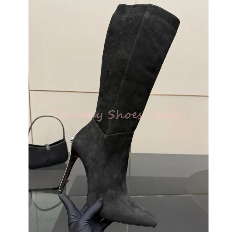 Black Suede Metal Heel Knee High Boots Women Leather Sword Design Pointed Toe Stiletto Boots Fashion Luxury Party Prom Lady Shoe - Image 3