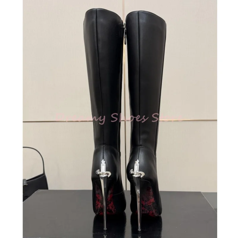 Black Suede Metal Heel Knee High Boots Women Leather Sword Design Pointed Toe Stiletto Boots Fashion Luxury Party Prom Lady Shoe